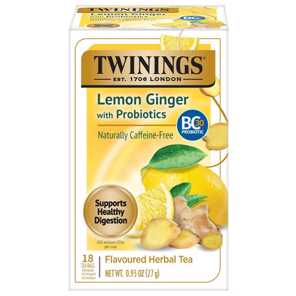 Superblends Probiotics+ Lemon & Ginger Flavoured Herbal Tea with Turmeric, Caffeine-Free, 18 Count (Pack of 1), Enjoy Hot or Iced, 18 Teabags