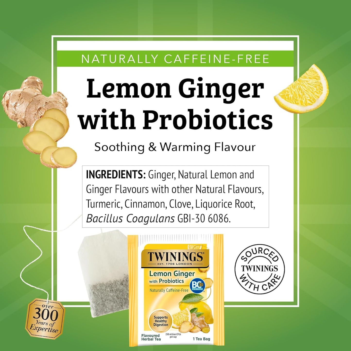 Superblends Probiotics+ Lemon & Ginger Flavoured Herbal Tea with Turmeric, Caffeine-Free, 18 Count (Pack of 1), Enjoy Hot or Iced, 18 Teabags