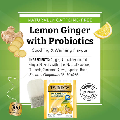 Superblends Probiotics+ Lemon & Ginger Flavoured Herbal Tea with Turmeric, Caffeine-Free, 18 Count (Pack of 1), Enjoy Hot or Iced, 18 Teabags
