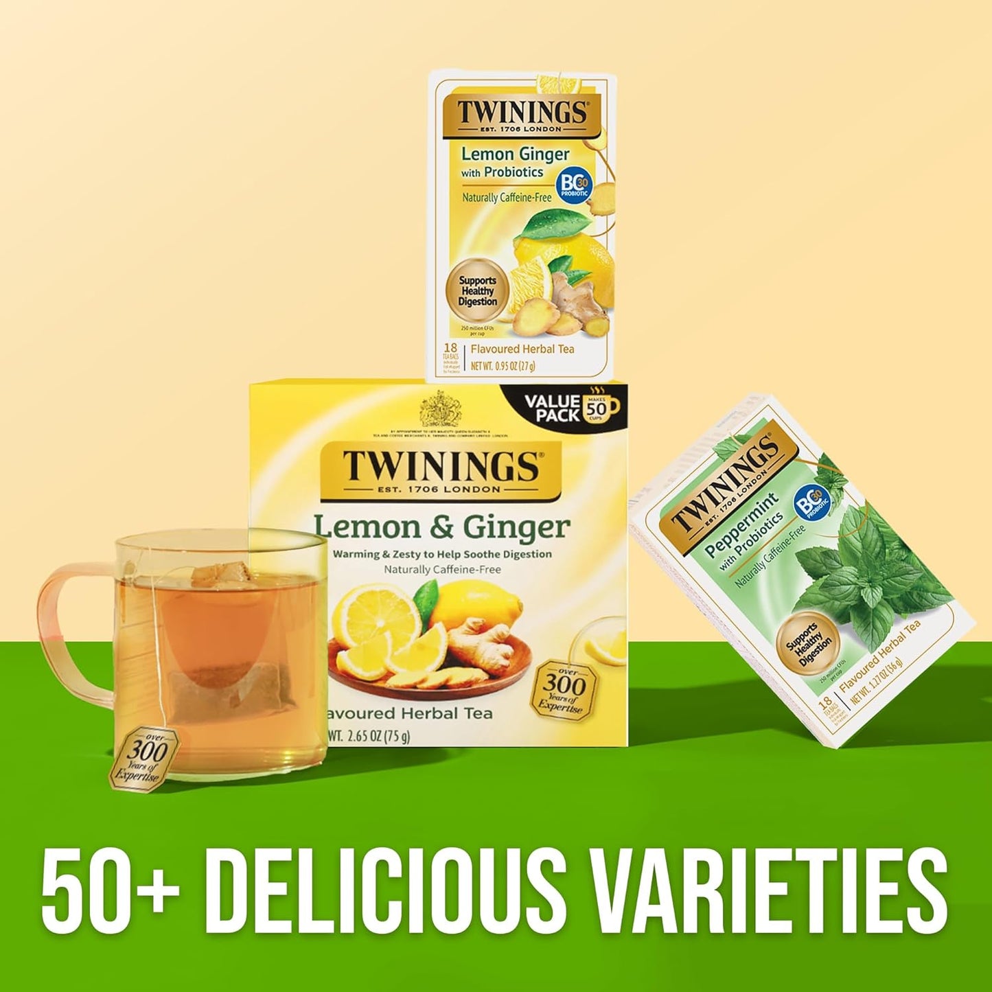 Superblends Probiotics+ Lemon & Ginger Flavoured Herbal Tea with Turmeric, Caffeine-Free, 18 Count (Pack of 1), Enjoy Hot or Iced, 18 Teabags