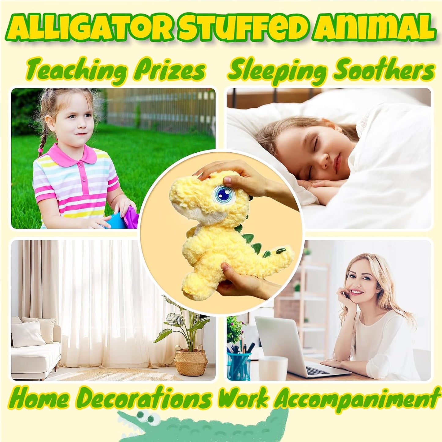 10" Dinosaur Stuffed Animal Plush Toys for Kids and Adults, Cute Alligator Stuffed Animal, Kawaii Dinosaur Plushies for Dino Themed Party Favors, Home Decor, Soft Yellow Crocodile Plush Toys