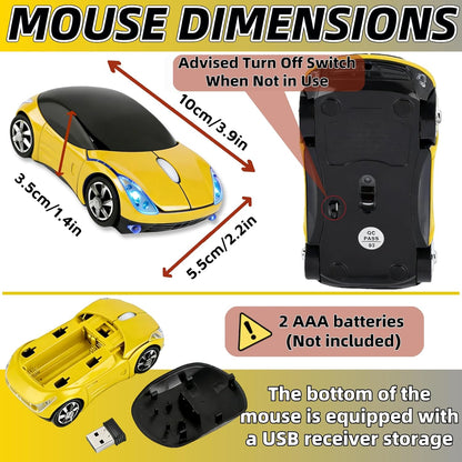 Yellow Wireless Mouse，Mini Car Computer Mouse，1600DPI 2.4G with USB Receiver, Ergonomic Cute Computer Mice for Laptop, PC, Windows, Mac OS (Yellow)