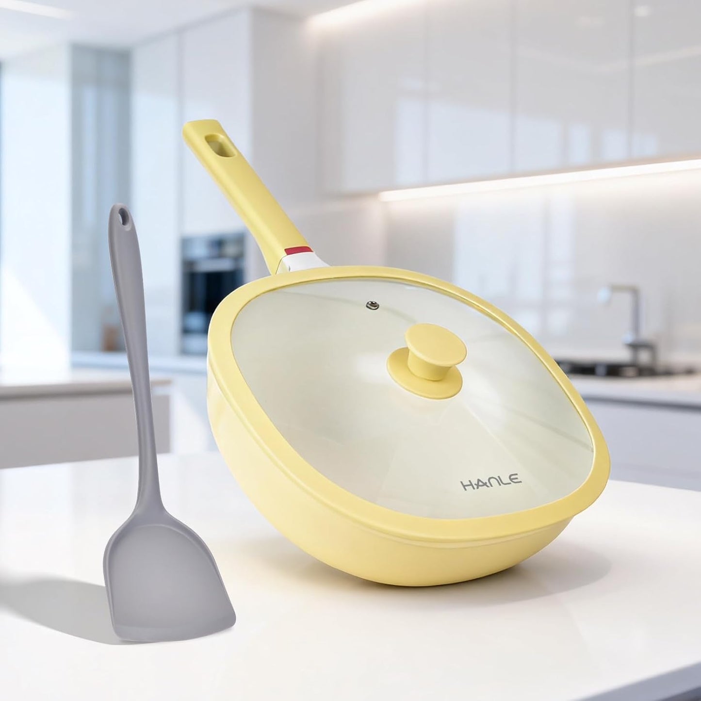11.3 Inch(4.3QT) Nonstick Ceramic Saute Pan with Lid, Cast Aluminum Deep Frying Pans, Flat Bottom Induction Pan, Ceramic Non Toxic Cookware, PFOA PFAS & PTFE Free(Yellow)