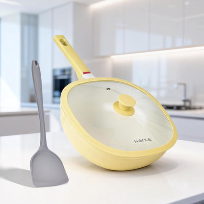 11.3 Inch(4.3QT) Nonstick Ceramic Saute Pan with Lid, Cast Aluminum Deep Frying Pans, Flat Bottom Induction Pan, Ceramic Non Toxic Cookware, PFOA PFAS & PTFE Free(Yellow)