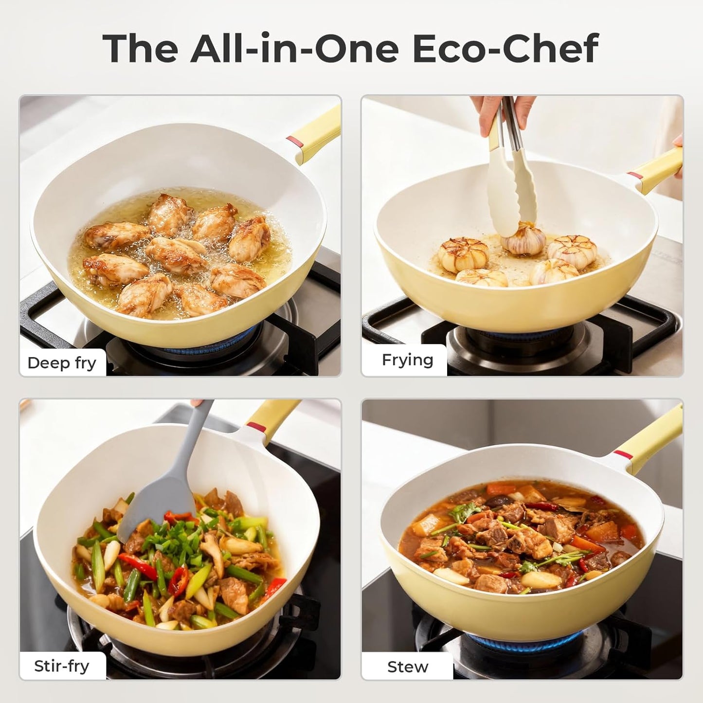 11.3 Inch(4.3QT) Nonstick Ceramic Saute Pan with Lid, Cast Aluminum Deep Frying Pans, Flat Bottom Induction Pan, Ceramic Non Toxic Cookware, PFOA PFAS & PTFE Free(Yellow)