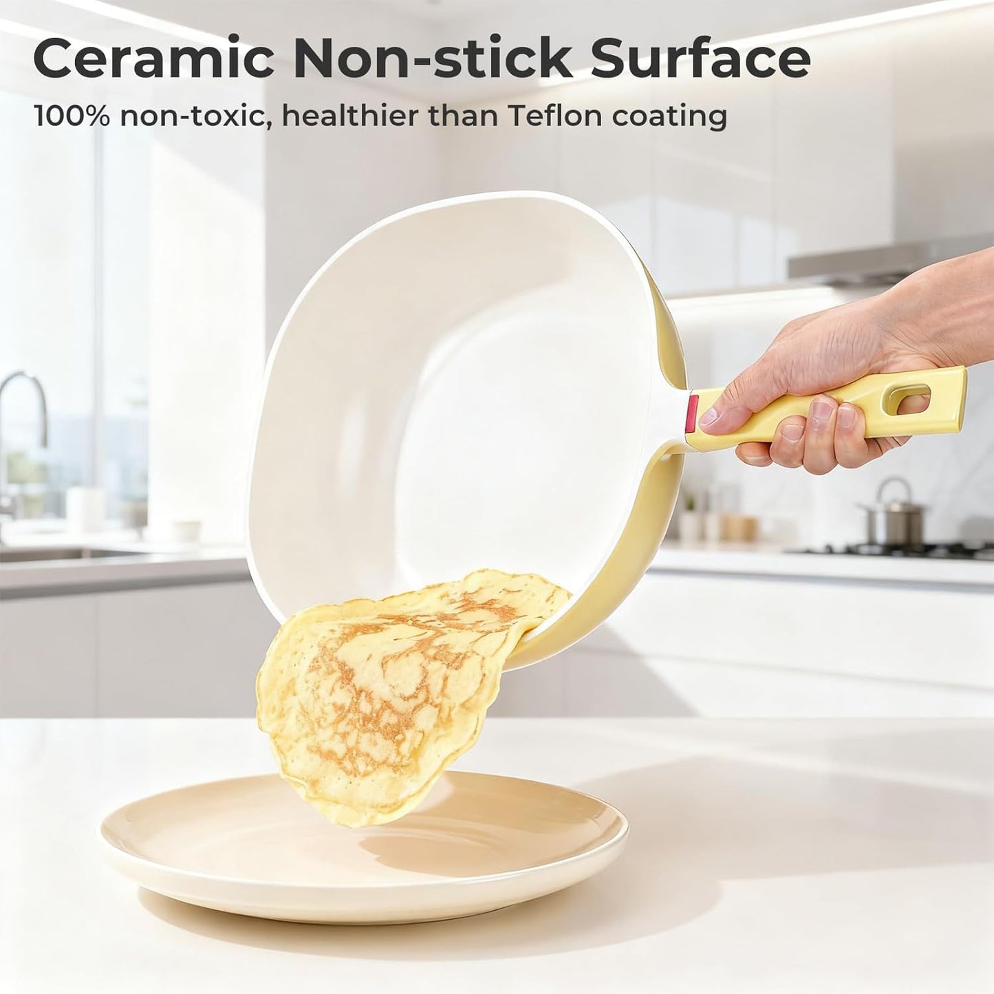 11.3 Inch(4.3QT) Nonstick Ceramic Saute Pan with Lid, Cast Aluminum Deep Frying Pans, Flat Bottom Induction Pan, Ceramic Non Toxic Cookware, PFOA PFAS & PTFE Free(Yellow)