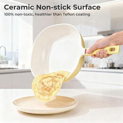 11.3 Inch(4.3QT) Nonstick Ceramic Saute Pan with Lid, Cast Aluminum Deep Frying Pans, Flat Bottom Induction Pan, Ceramic Non Toxic Cookware, PFOA PFAS & PTFE Free(Yellow)