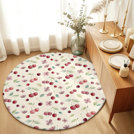 3ft Round Rug,Summer Cherry Harvest Flower Washable Area Rugs Non-Slip Accent Rug Watercolor Fruit on Light Yellow Soft Circle Carpet for Living Room Bedroom Home Office Decor