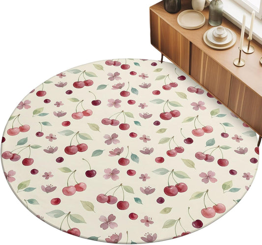 3ft Round Rug,Summer Cherry Harvest Flower Washable Area Rugs Non-Slip Accent Rug Watercolor Fruit on Light Yellow Soft Circle Carpet for Living Room Bedroom Home Office Decor