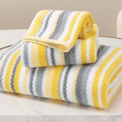 Bath Towels with Hanging Loops, 3PC Striped Towels - 100% Cotton, Quick Dry, Soft, Absorb & Lightweight, 1 Bath 28"x52", 1 Hand 16"x27", 1 Washcloth 13"x13", Shower Towel Decorative Set, Yellow + Gray