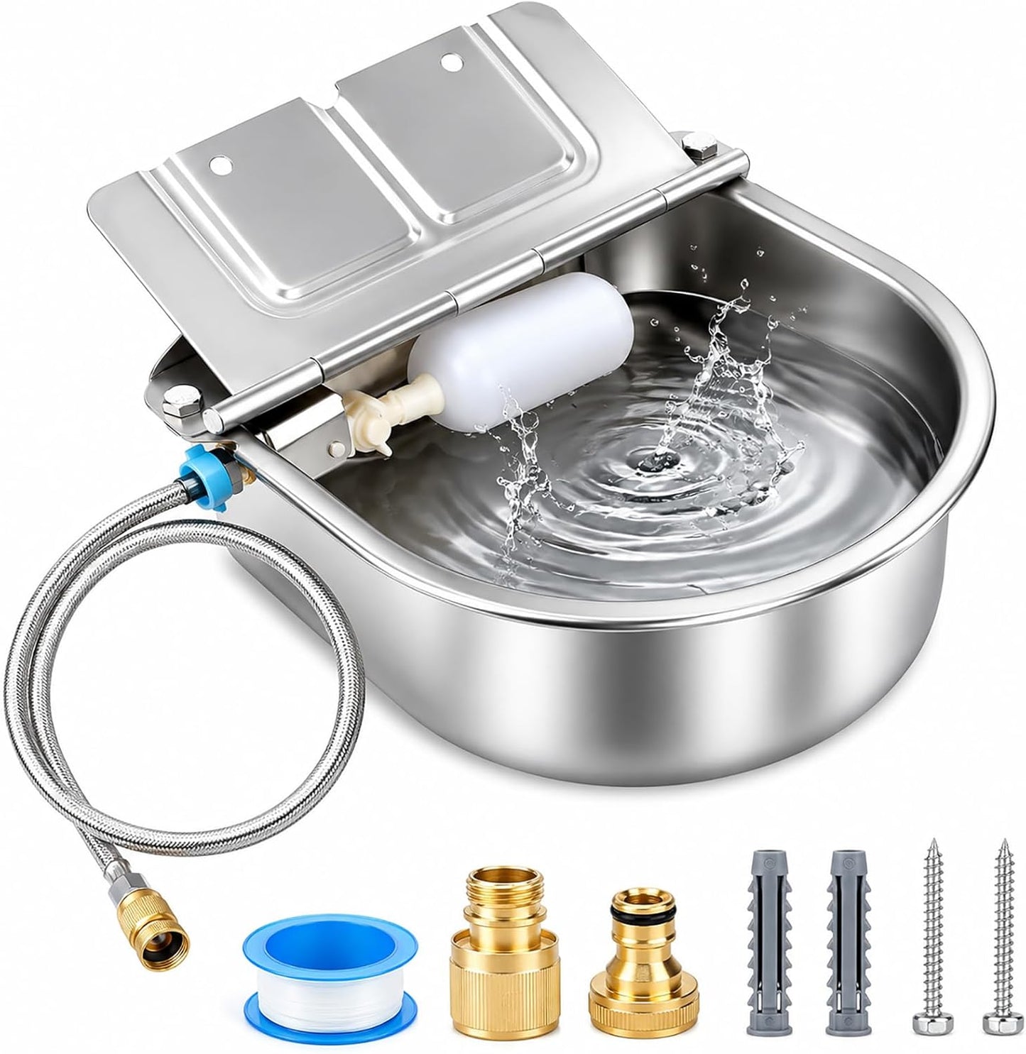 BWOGUE Automatic Water Dispenser for Dogs,1Gal Outdoor Automatic Water Bowl | Outdoor Dog Water Dispenser with Float Valve, Stainless Steel Bowl, 1/2 in & 3/4 in Faucet Fit, Wall/Ground Use,Dogs,Chickens