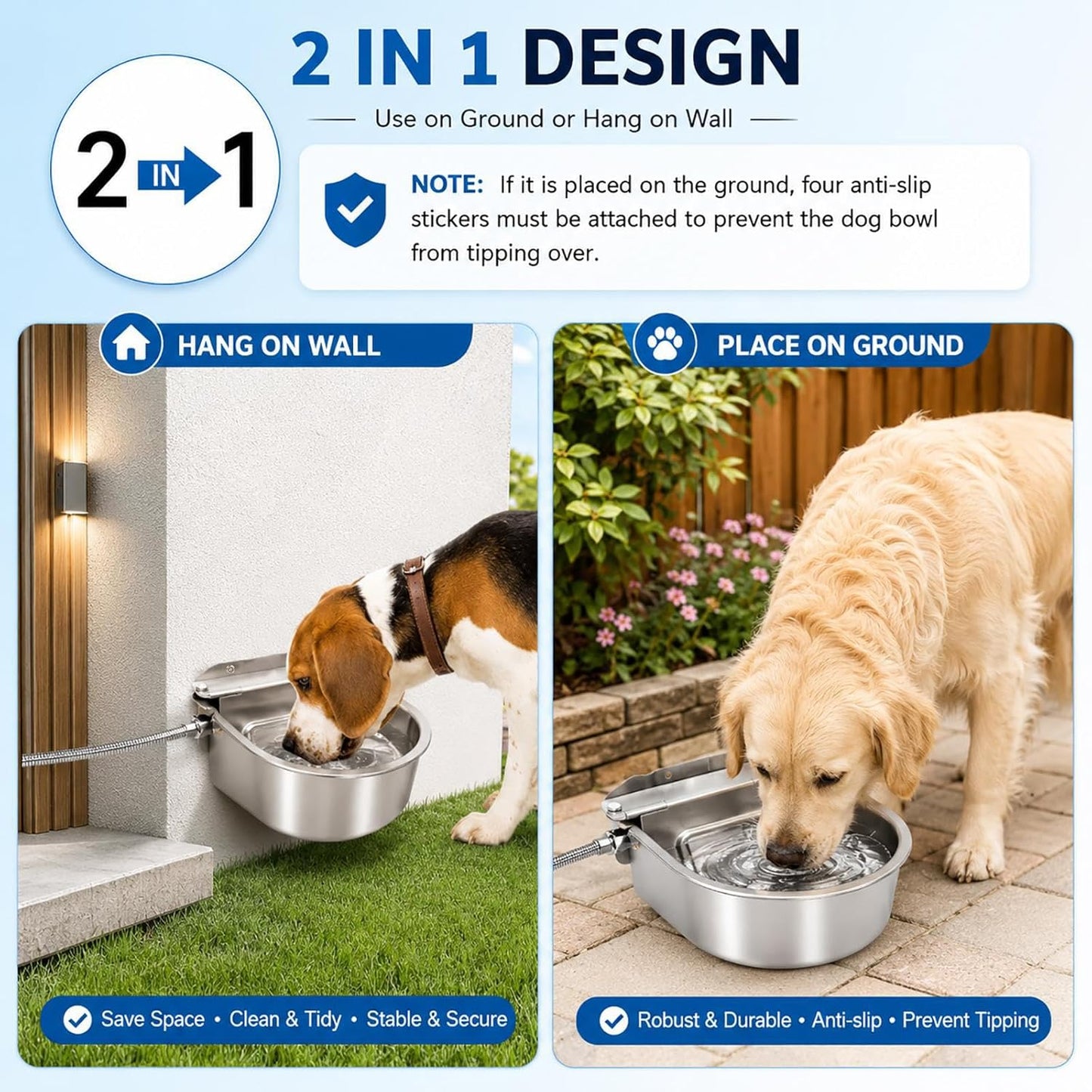 BWOGUE Automatic Water Dispenser for Dogs,1Gal Outdoor Automatic Water Bowl | Outdoor Dog Water Dispenser with Float Valve, Stainless Steel Bowl, 1/2 in & 3/4 in Faucet Fit, Wall/Ground Use,Dogs,Chickens