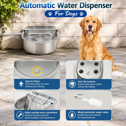 BWOGUE Automatic Water Dispenser for Dogs,1Gal Outdoor Automatic Water Bowl | Outdoor Dog Water Dispenser with Float Valve, Stainless Steel Bowl, 1/2 in & 3/4 in Faucet Fit, Wall/Ground Use,Dogs,Chickens