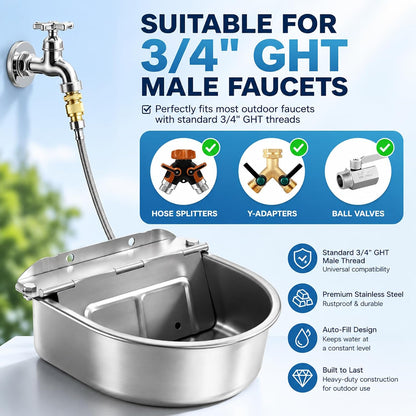 BWOGUE Automatic Water Dispenser for Dogs,1Gal Outdoor Automatic Water Bowl | Outdoor Dog Water Dispenser with Float Valve, Stainless Steel Bowl, 1/2 in & 3/4 in Faucet Fit, Wall/Ground Use,Dogs,Chickens