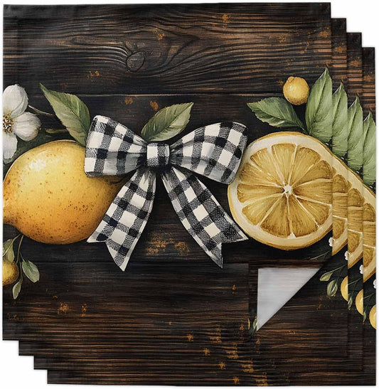 Cloth Napkins 20 x 20 Inch Lemon Bow Dinner Napkins Set Vintage Style Reusable Washable Napkins Cloth for Dinner, Party, Wedding, Restaurant Set of 4