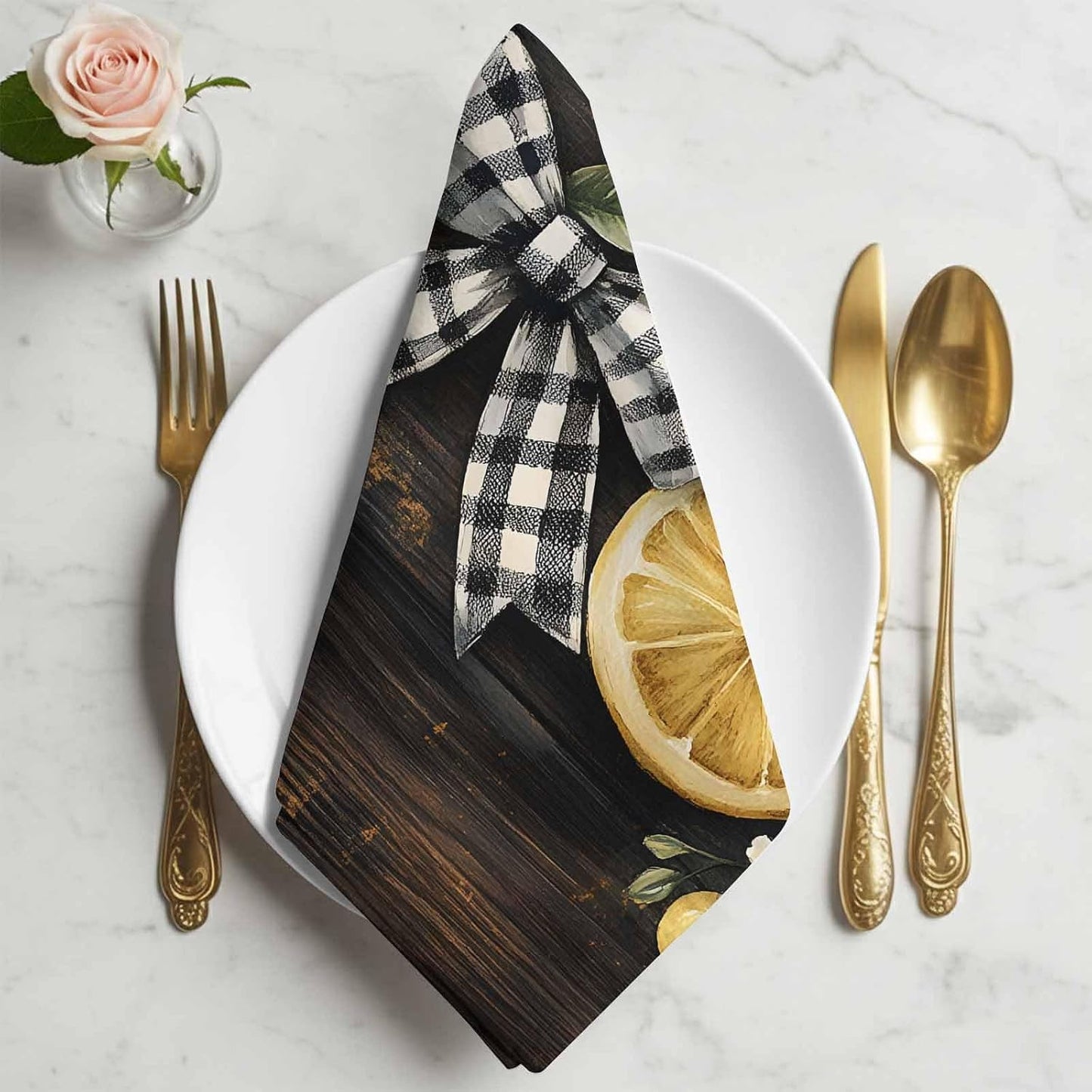 Cloth Napkins 20 x 20 Inch Lemon Bow Dinner Napkins Set Vintage Style Reusable Washable Napkins Cloth for Dinner, Party, Wedding, Restaurant Set of 4