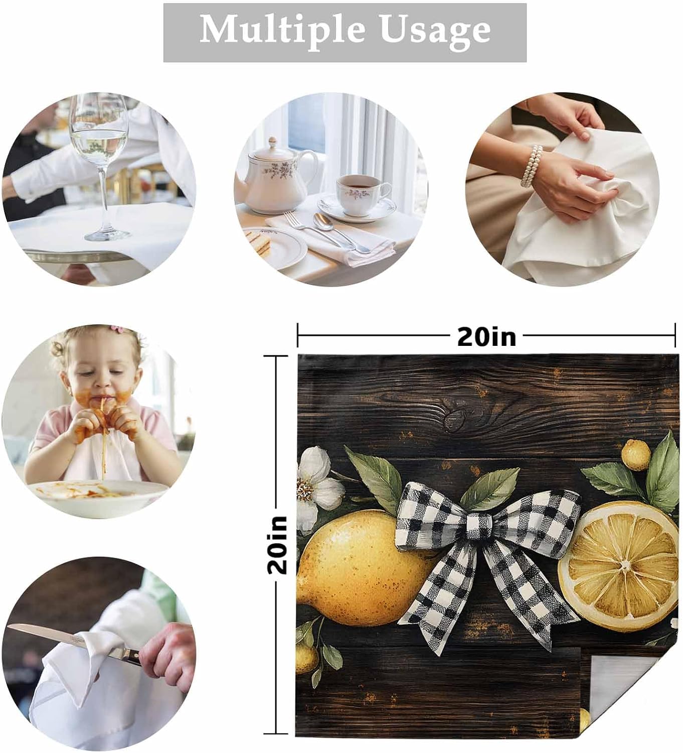 Cloth Napkins 20 x 20 Inch Lemon Bow Dinner Napkins Set Vintage Style Reusable Washable Napkins Cloth for Dinner, Party, Wedding, Restaurant Set of 4