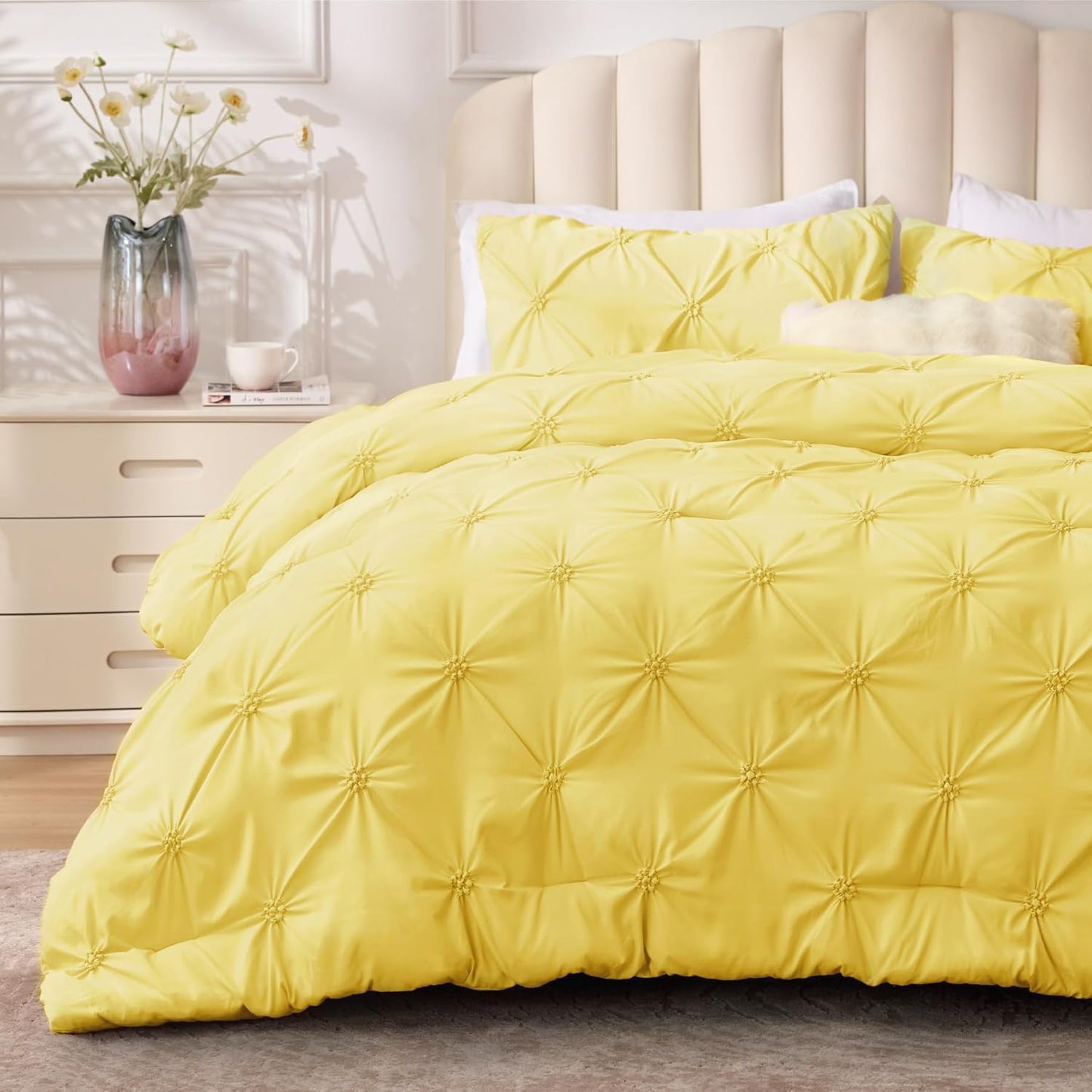 Light Yellow Queen Comforter Set - 3 Pieces Boho Pintuck Bedding Comforter Sets, Lightweight Soft & Warm Bed Comforter Queen with 2 Pillowcases for All Season