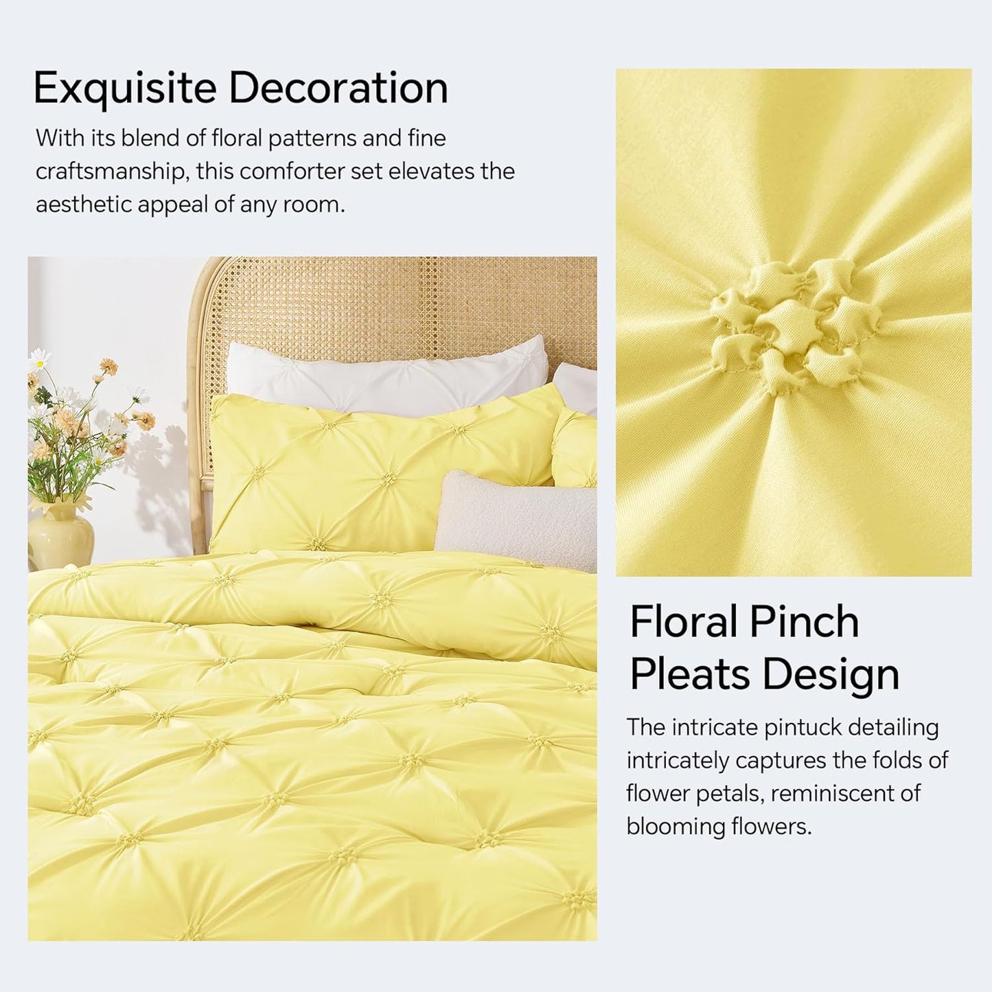 Light Yellow Queen Comforter Set - 3 Pieces Boho Pintuck Bedding Comforter Sets, Lightweight Soft & Warm Bed Comforter Queen with 2 Pillowcases for All Season