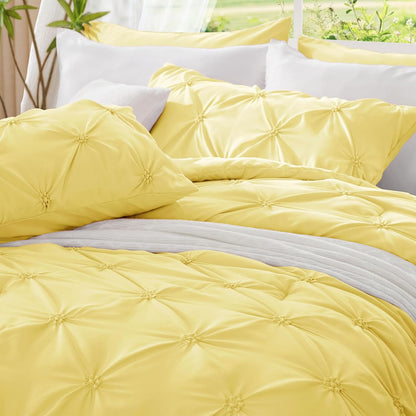 Light Yellow Queen Comforter Set - 3 Pieces Boho Pintuck Bedding Comforter Sets, Lightweight Soft & Warm Bed Comforter Queen with 2 Pillowcases for All Season