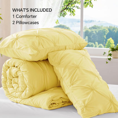 Light Yellow Queen Comforter Set - 3 Pieces Boho Pintuck Bedding Comforter Sets, Lightweight Soft & Warm Bed Comforter Queen with 2 Pillowcases for All Season