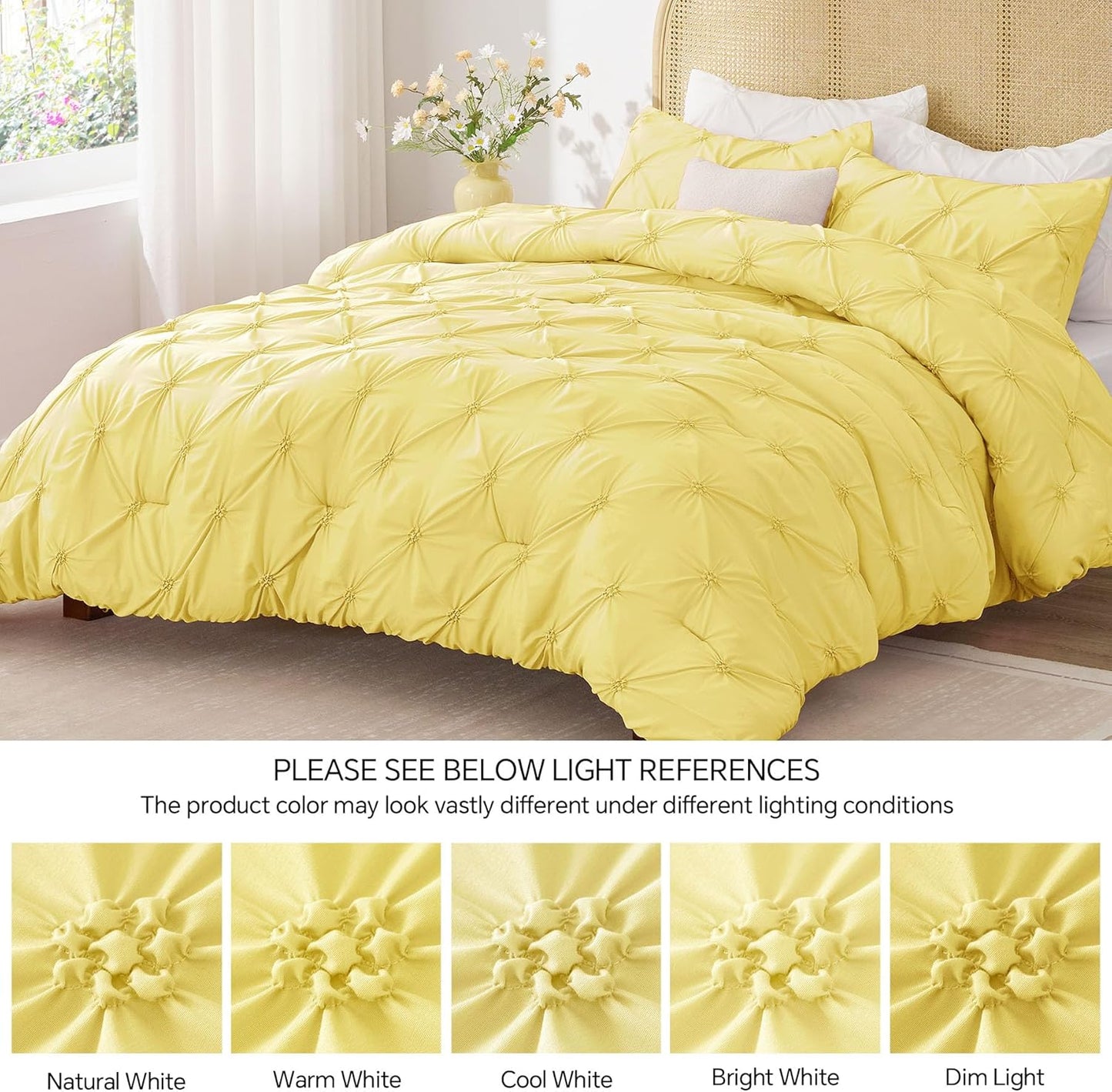 Light Yellow Queen Comforter Set - 3 Pieces Boho Pintuck Bedding Comforter Sets, Lightweight Soft & Warm Bed Comforter Queen with 2 Pillowcases for All Season