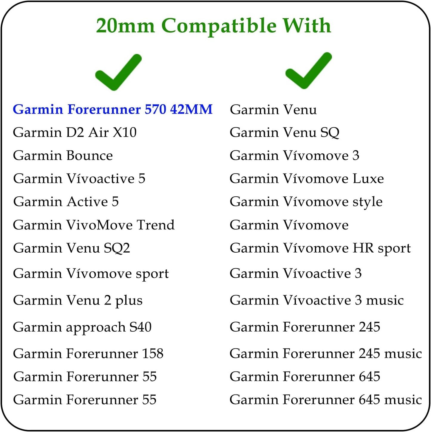 20MM Band Compatible with Garmin Forerunner 570 42mm, Soft Silicone Replacement Straps Wristbands Fit for Garmin Vívoactive 6/5/3/Venu Sq/Sq 2/2 Plus Smartwatch for Women Men