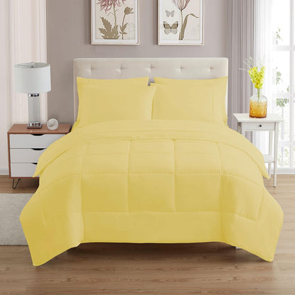7 Piece Comforter Set Bag Solid Color All Season Soft Down Alternative Blanket & Luxurious Microfiber Bed Sheets, Yellow, Twin XL