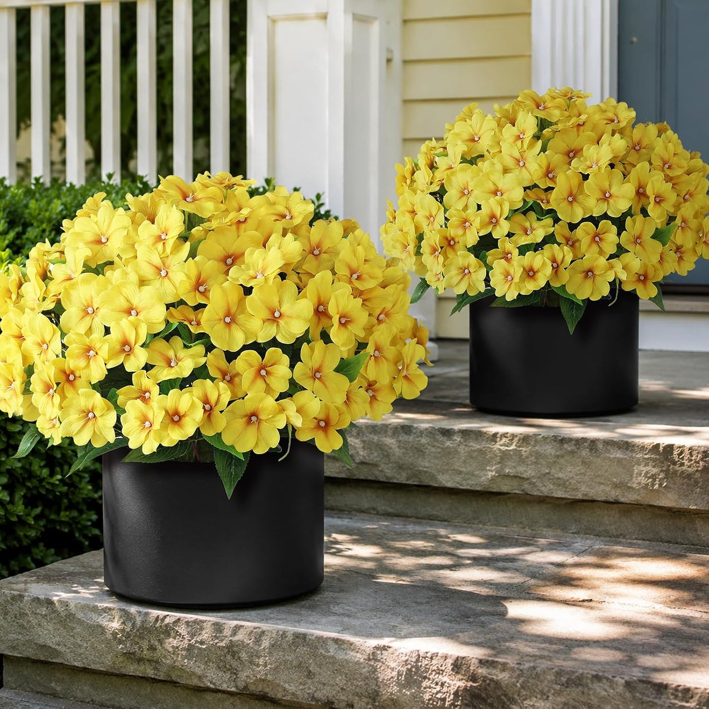 2Pack 17" Artificial Impatiens Flower Topiary Ball Trees for Porch(Yellow) | No Assembly Needed,Fake Silk Flower Potted Plant,Faux Impatiens Bushes,for Front Door/Yard/Farmhouse/Garden/Outdoor Decor