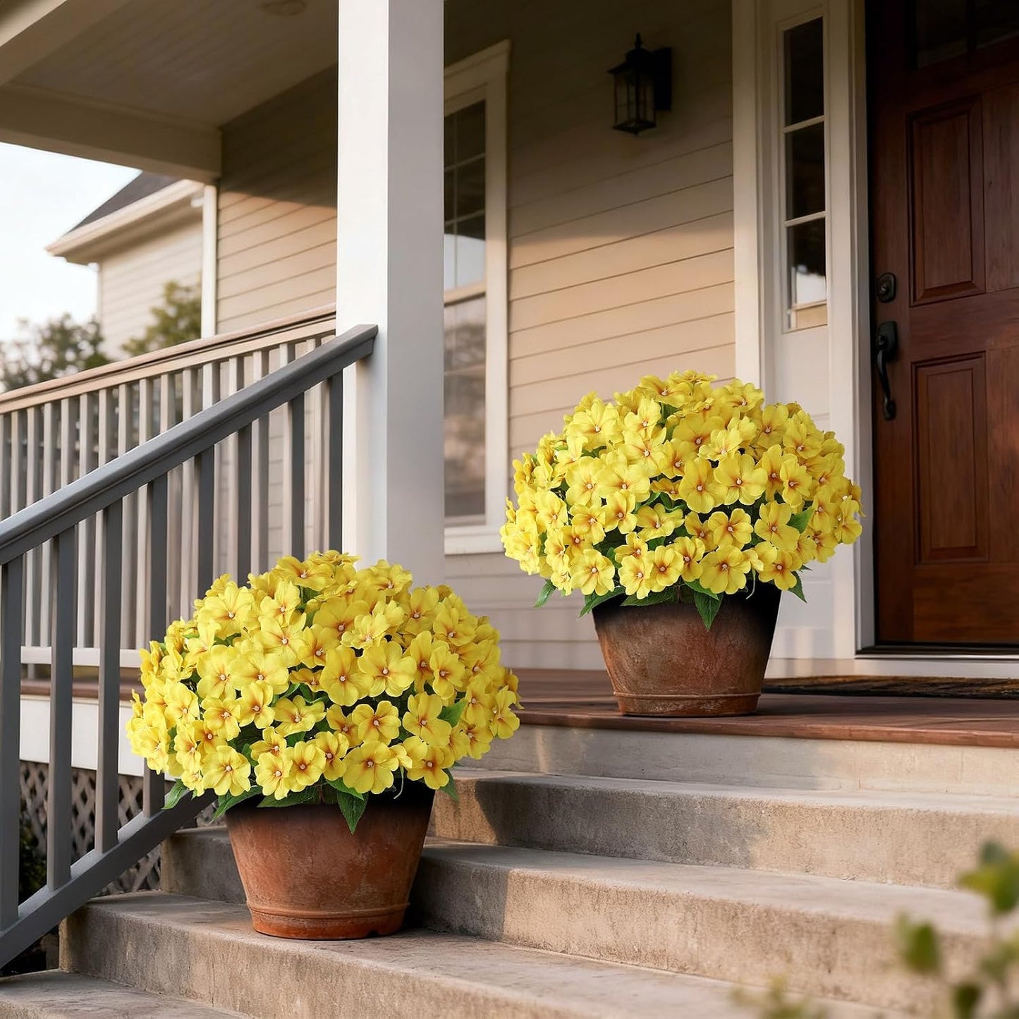 2Pack 17" Artificial Impatiens Flower Topiary Ball Trees for Porch(Yellow) | No Assembly Needed,Fake Silk Flower Potted Plant,Faux Impatiens Bushes,for Front Door/Yard/Farmhouse/Garden/Outdoor Decor