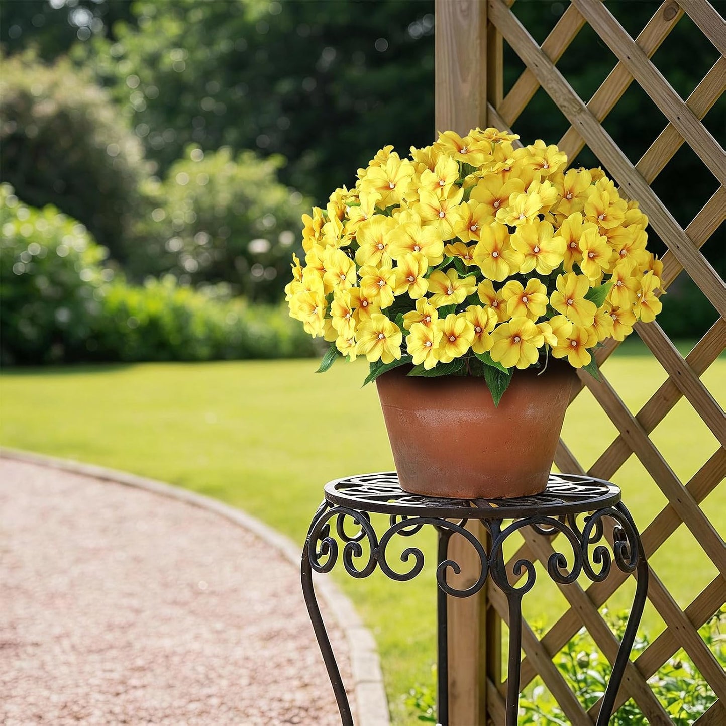 2Pack 17" Artificial Impatiens Flower Topiary Ball Trees for Porch(Yellow) | No Assembly Needed,Fake Silk Flower Potted Plant,Faux Impatiens Bushes,for Front Door/Yard/Farmhouse/Garden/Outdoor Decor