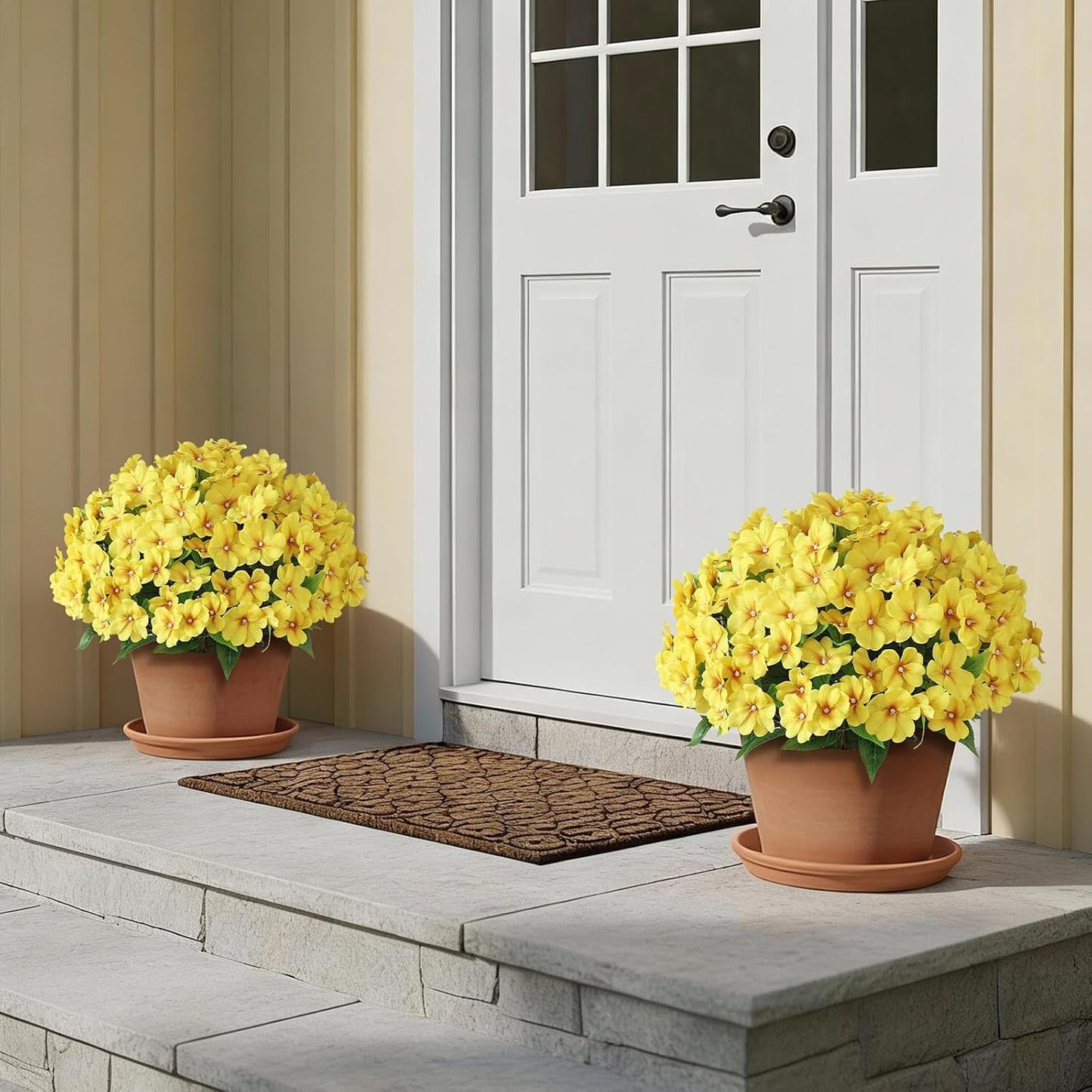2Pack 17" Artificial Impatiens Flower Topiary Ball Trees for Porch(Yellow) | No Assembly Needed,Fake Silk Flower Potted Plant,Faux Impatiens Bushes,for Front Door/Yard/Farmhouse/Garden/Outdoor Decor