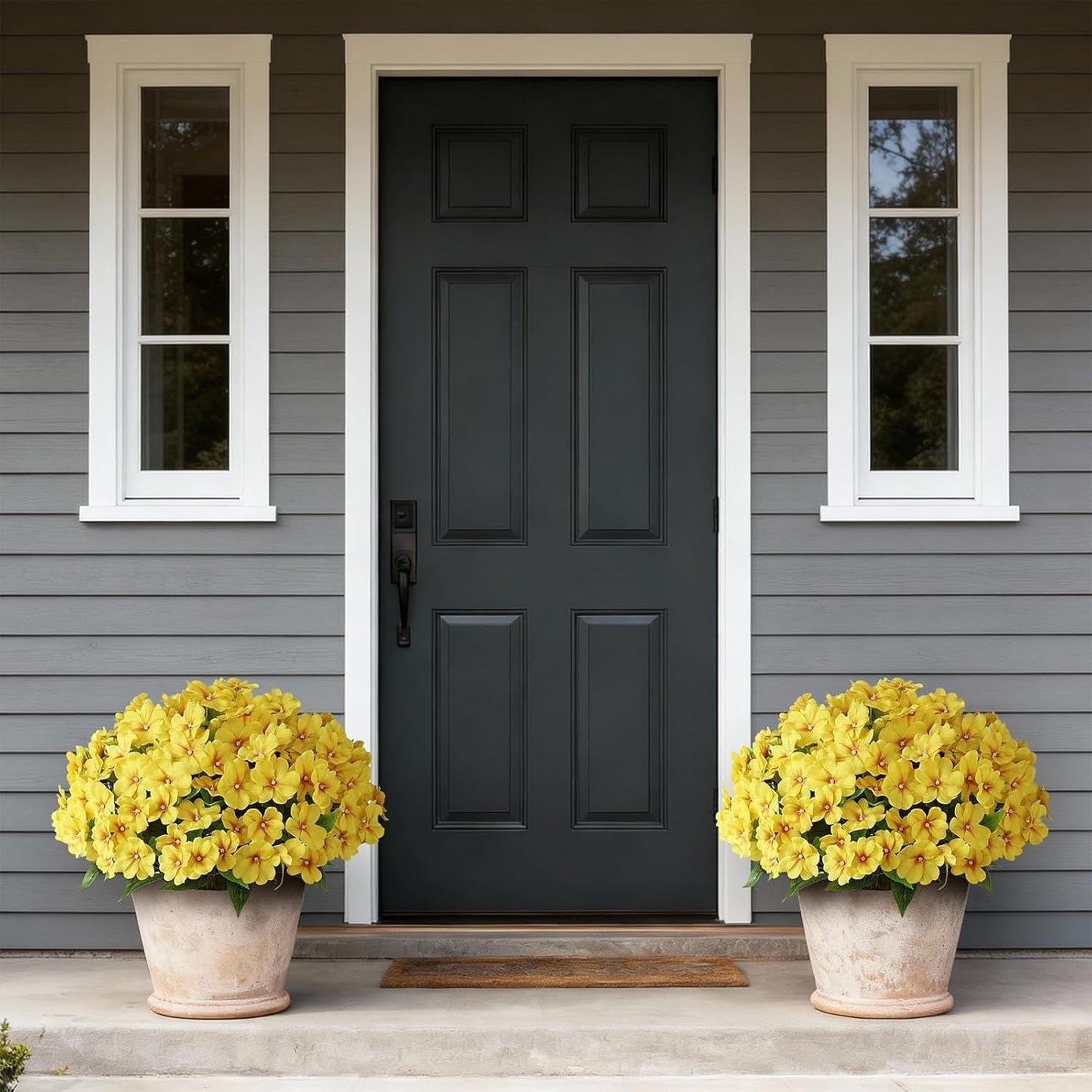 2Pack 17" Artificial Impatiens Flower Topiary Ball Trees for Porch(Yellow) | No Assembly Needed,Fake Silk Flower Potted Plant,Faux Impatiens Bushes,for Front Door/Yard/Farmhouse/Garden/Outdoor Decor