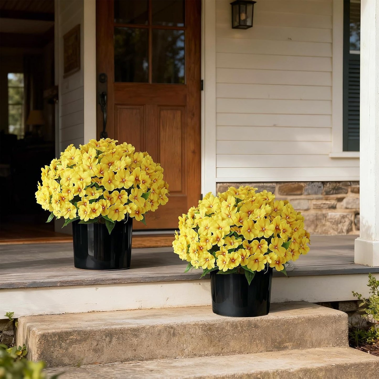 2Pack 17" Artificial Impatiens Flower Topiary Ball Trees for Porch(Yellow) | No Assembly Needed,Fake Silk Flower Potted Plant,Faux Impatiens Bushes,for Front Door/Yard/Farmhouse/Garden/Outdoor Decor