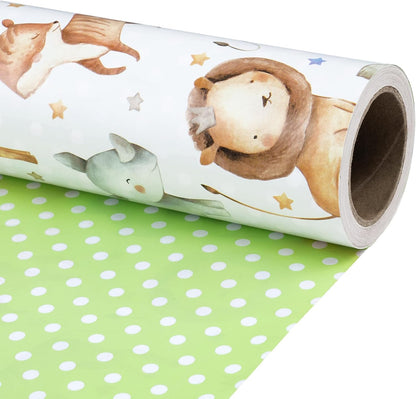 Neutral Baby Shower Reversible Wrapping Paper Roll, Mini Roll, Cute Safari Jungle Animals & Green Polka Dots Gift Wrap for Kids' Birthday, Baby Shower, Nursery Celebrations, 17 Inch x 9.8 Feet