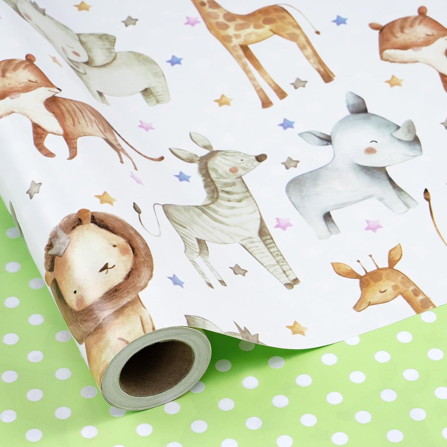 Neutral Baby Shower Reversible Wrapping Paper Roll, Mini Roll, Cute Safari Jungle Animals & Green Polka Dots Gift Wrap for Kids' Birthday, Baby Shower, Nursery Celebrations, 17 Inch x 9.8 Feet