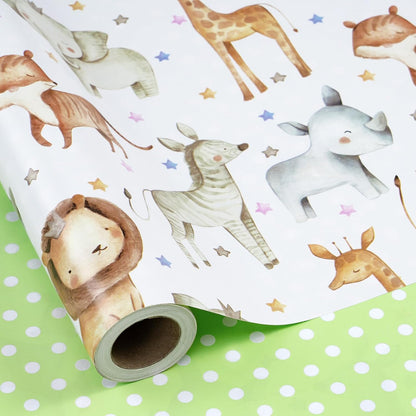 Neutral Baby Shower Reversible Wrapping Paper Roll, Mini Roll, Cute Safari Jungle Animals & Green Polka Dots Gift Wrap for Kids' Birthday, Baby Shower, Nursery Celebrations, 17 Inch x 9.8 Feet