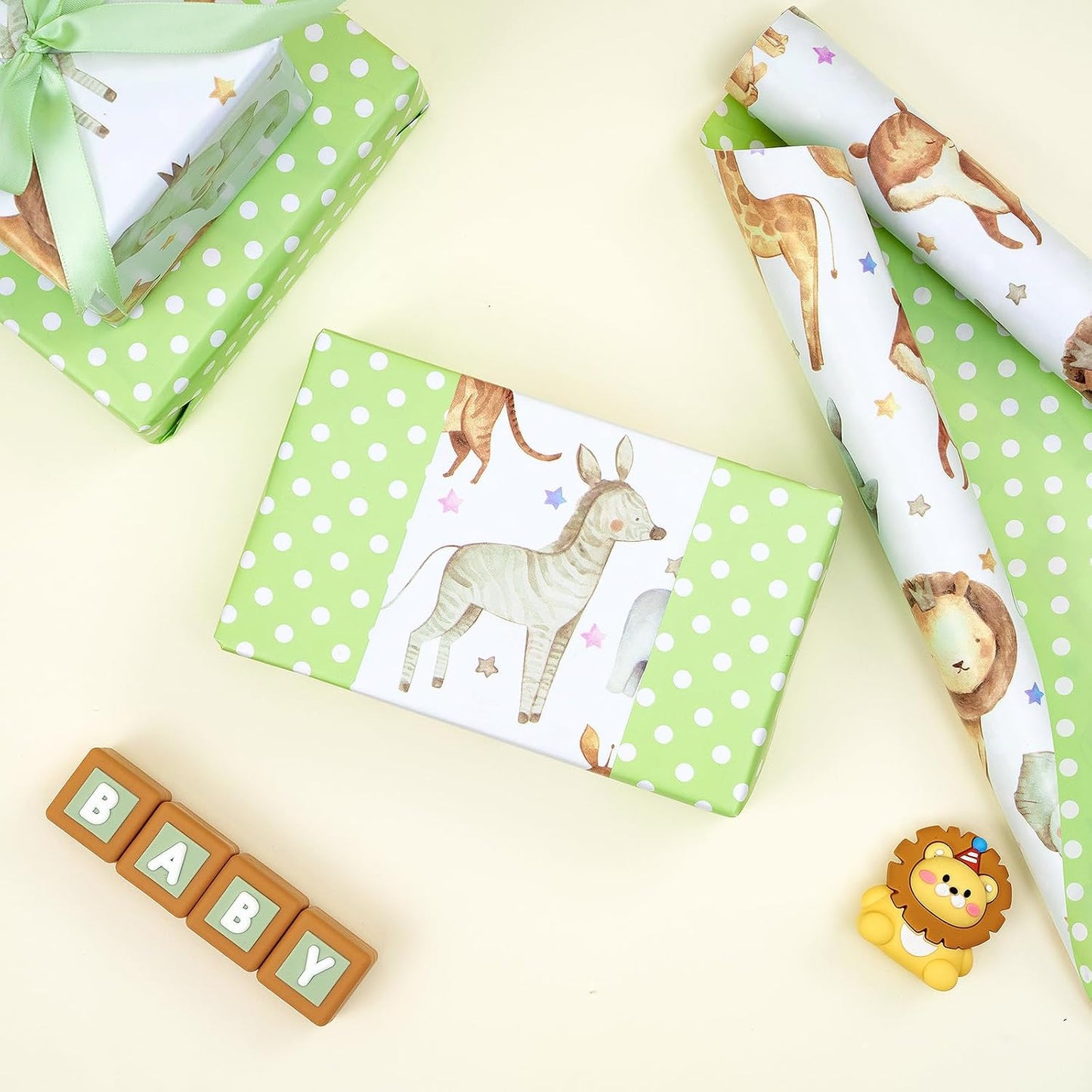Neutral Baby Shower Reversible Wrapping Paper Roll, Mini Roll, Cute Safari Jungle Animals & Green Polka Dots Gift Wrap for Kids' Birthday, Baby Shower, Nursery Celebrations, 17 Inch x 9.8 Feet