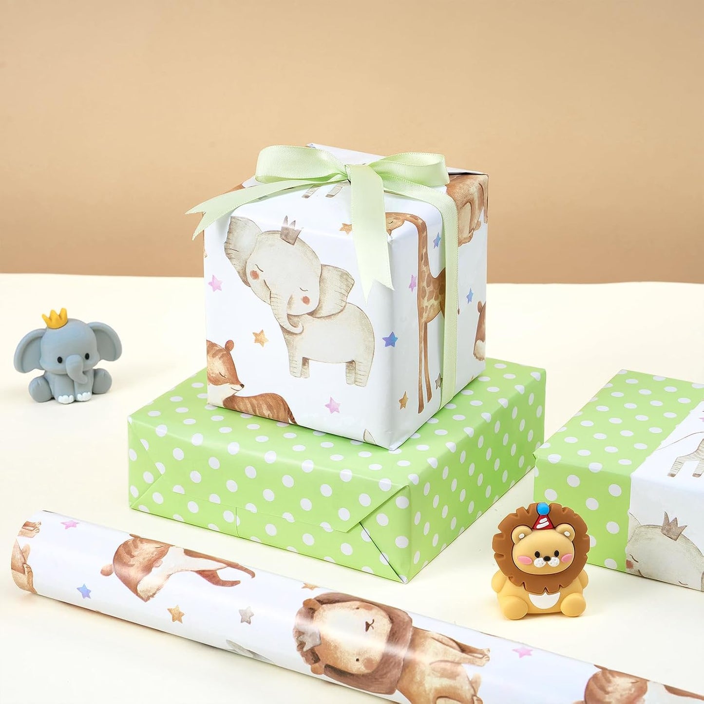 Neutral Baby Shower Reversible Wrapping Paper Roll, Mini Roll, Cute Safari Jungle Animals & Green Polka Dots Gift Wrap for Kids' Birthday, Baby Shower, Nursery Celebrations, 17 Inch x 9.8 Feet