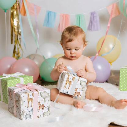 Neutral Baby Shower Reversible Wrapping Paper Roll, Mini Roll, Cute Safari Jungle Animals & Green Polka Dots Gift Wrap for Kids' Birthday, Baby Shower, Nursery Celebrations, 17 Inch x 9.8 Feet