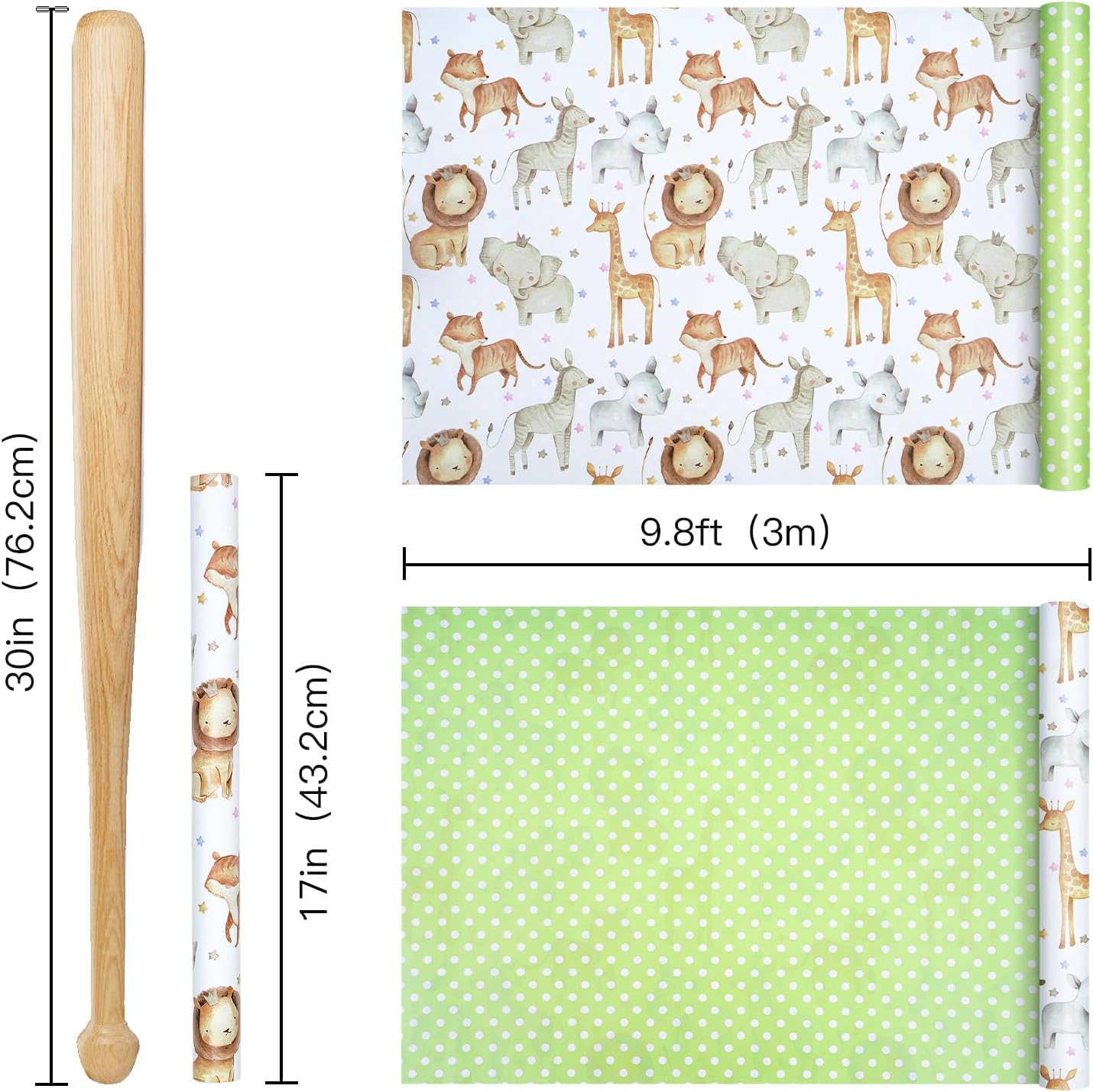 Neutral Baby Shower Reversible Wrapping Paper Roll, Mini Roll, Cute Safari Jungle Animals & Green Polka Dots Gift Wrap for Kids' Birthday, Baby Shower, Nursery Celebrations, 17 Inch x 9.8 Feet