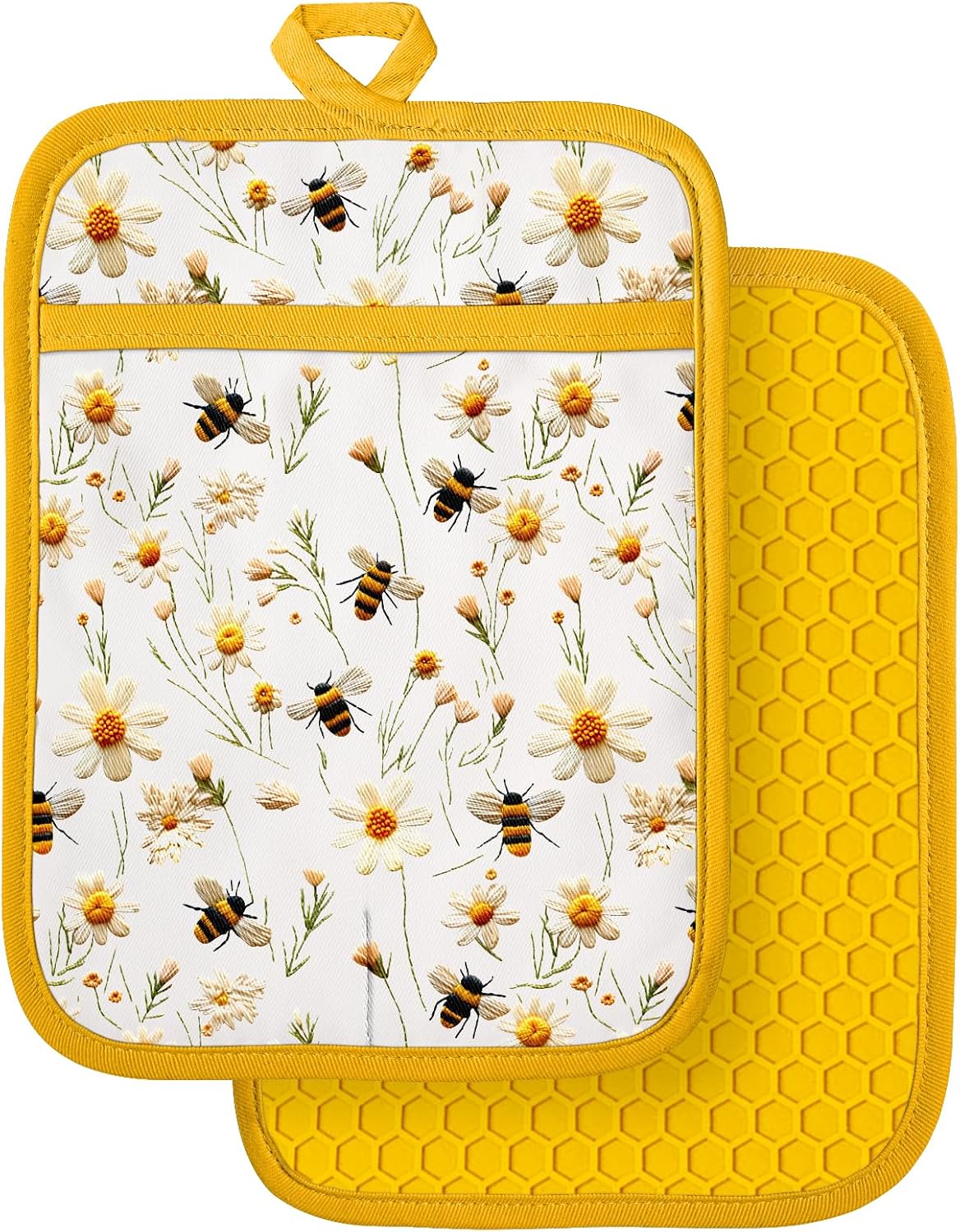 Silcone Daisy Bee Pot Holders for Kitchen - 100% Cotton Yellow Cute Oven Potholders with Pockets, Heat Resistant Square Thick Hot Pads, House New Home Baking Baker Gifts,2pack