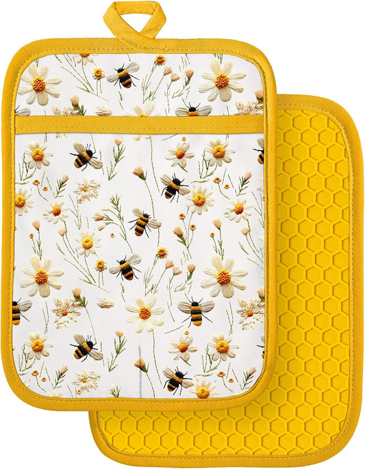Silcone Daisy Bee Pot Holders for Kitchen - 100% Cotton Yellow Cute Oven Potholders with Pockets, Heat Resistant Square Thick Hot Pads, House New Home Baking Baker Gifts,2pack