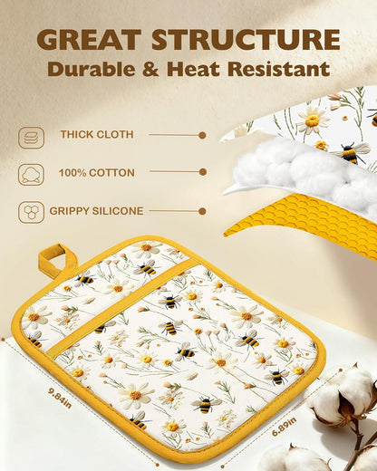 Silcone Daisy Bee Pot Holders for Kitchen - 100% Cotton Yellow Cute Oven Potholders with Pockets, Heat Resistant Square Thick Hot Pads, House New Home Baking Baker Gifts,2pack