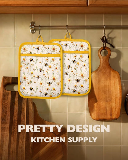 Silcone Daisy Bee Pot Holders for Kitchen - 100% Cotton Yellow Cute Oven Potholders with Pockets, Heat Resistant Square Thick Hot Pads, House New Home Baking Baker Gifts,2pack