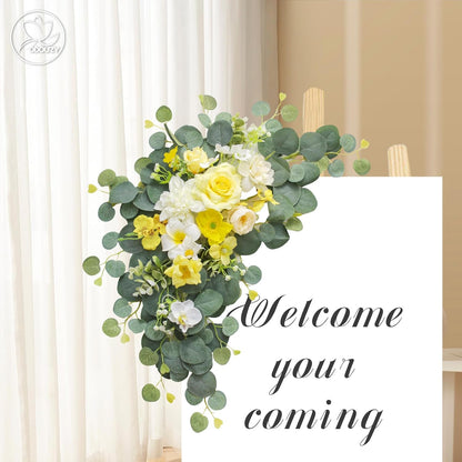 Artificial Wedding Arch Flowers for Wedding Sign,Set of 2 for Wedding Welcome Ceremony Sign,Faux Floral Swags,Wedding, Banquet and Reception Backdrop Floral Decoration (Yellow)