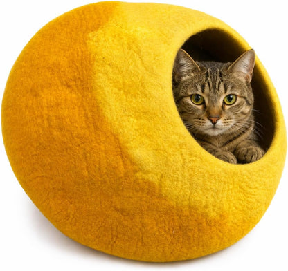Handmade Felt Cat Cave Bed – Yellow & Golden Yellow Wool Cat House, Cozy Enclosed Pet Bed for Indoor Cats, Warm Nest Sleeping Pod for Kittens and Small Pets