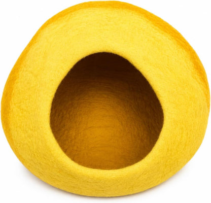 Handmade Felt Cat Cave Bed – Yellow & Golden Yellow Wool Cat House, Cozy Enclosed Pet Bed for Indoor Cats, Warm Nest Sleeping Pod for Kittens and Small Pets
