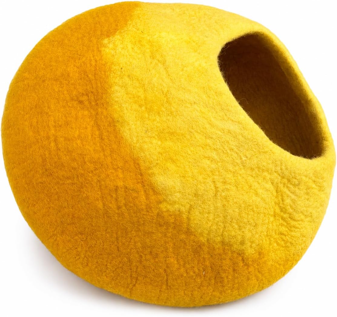 Handmade Felt Cat Cave Bed – Yellow & Golden Yellow Wool Cat House, Cozy Enclosed Pet Bed for Indoor Cats, Warm Nest Sleeping Pod for Kittens and Small Pets