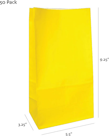 Party Favor Bags - 50 Pack Kraft Paper Goodie Gift Lunch Treat Bags - Party Supplies for Theme Kids Birthday - 5"x3"x9" (Yellow)
